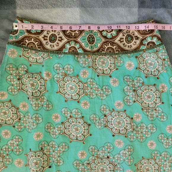 New York And Company Turquoise Brown A Line Boho Lined Skirt Sequins Size 6 - Picture 9 of 10